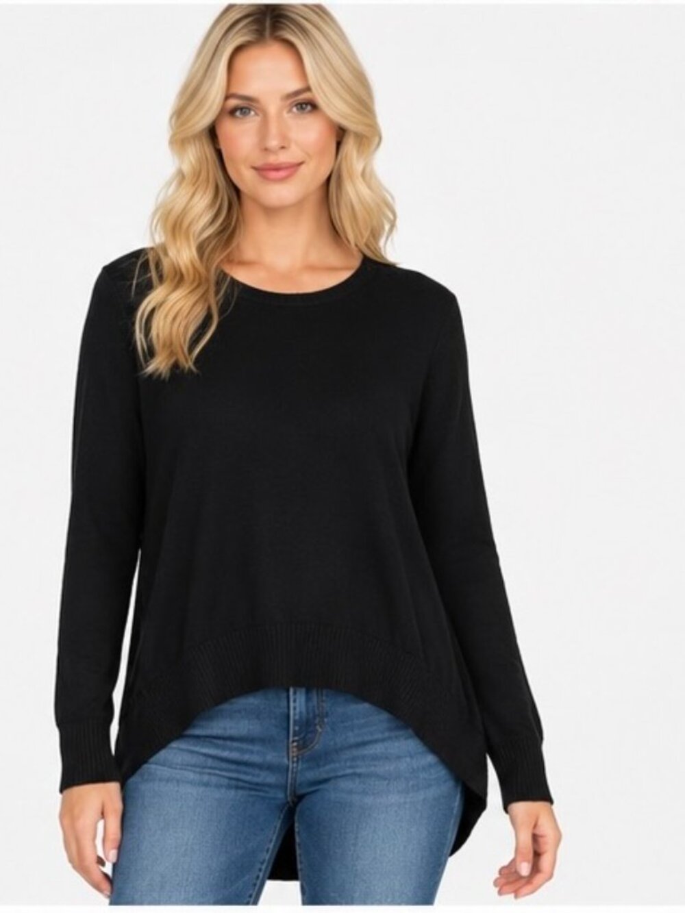 Halogen Black Long Sleeve Tunic Top Womens Medium Ribbed Hem Curved Bottom